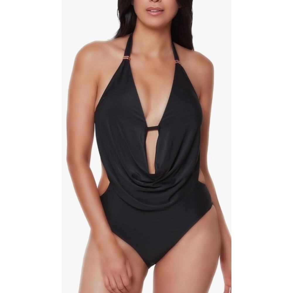 Bar III Black Plunge Cowl Neck One Piece Swim S NWT